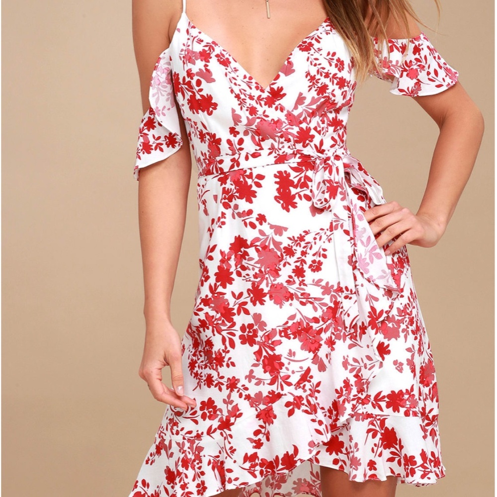 Lulu's Garden Blooms Red Wrap Off-Shoulder Dress